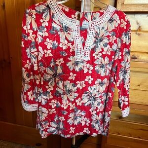Alfred Dunner Red Floral Blouse with White and Blue Accents